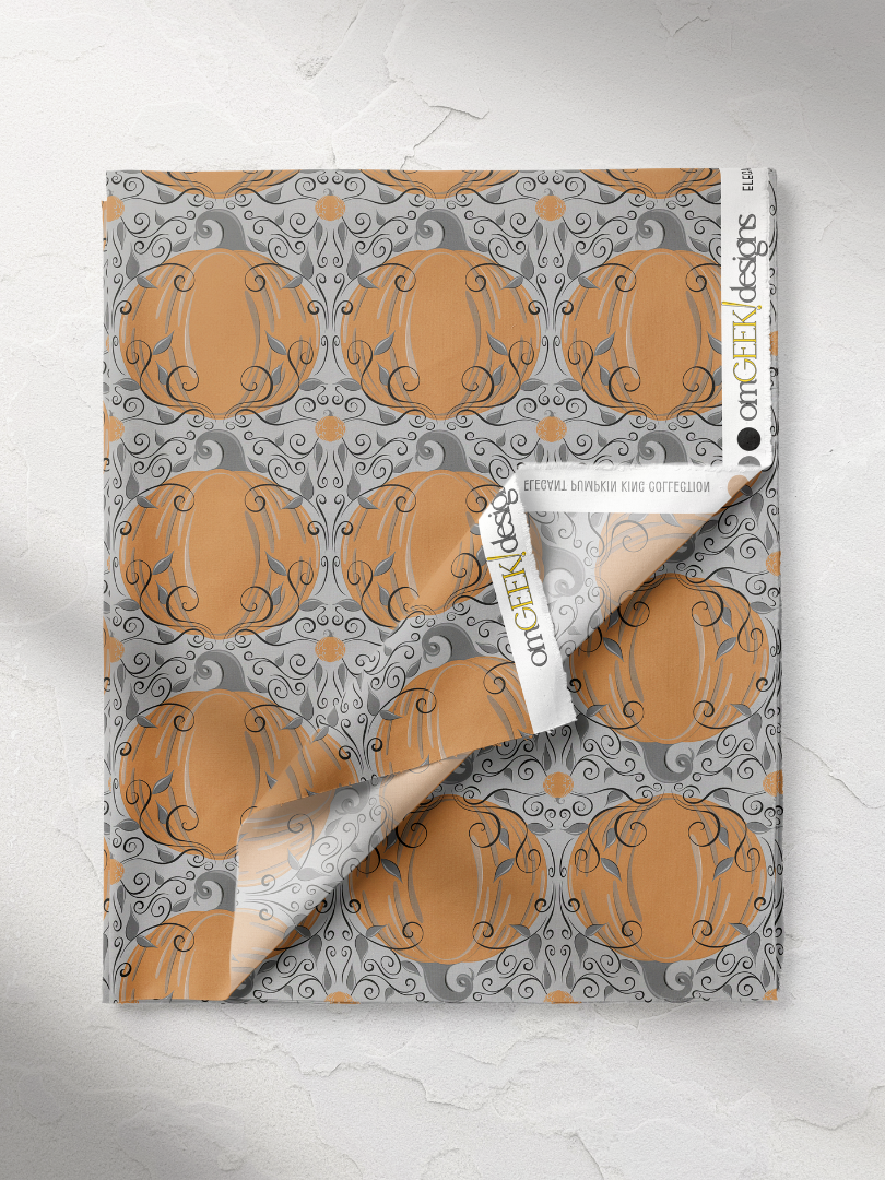 Elegant Orange Pumpkin Swirl Repeat Pattern on Gray, Medium