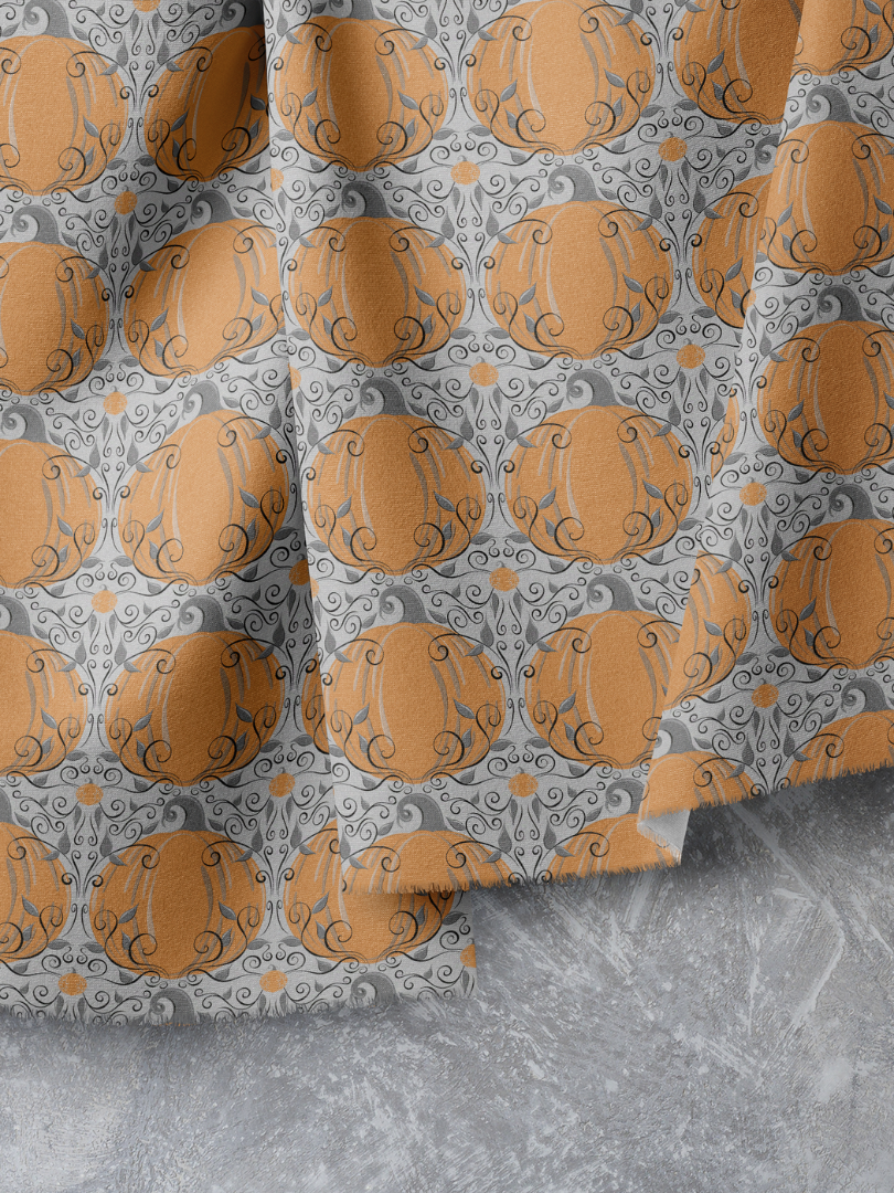 Elegant Orange Pumpkin Swirl Repeat Pattern on Gray, Medium