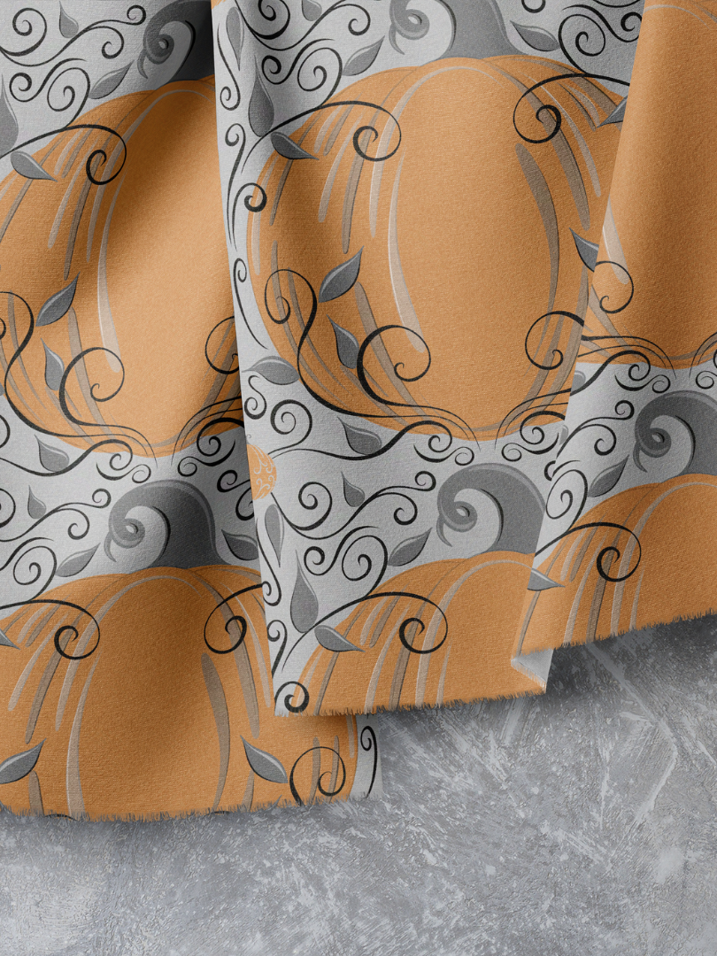 Elegant Orange Pumpkin Swirl Repeat Pattern on Gray, Large