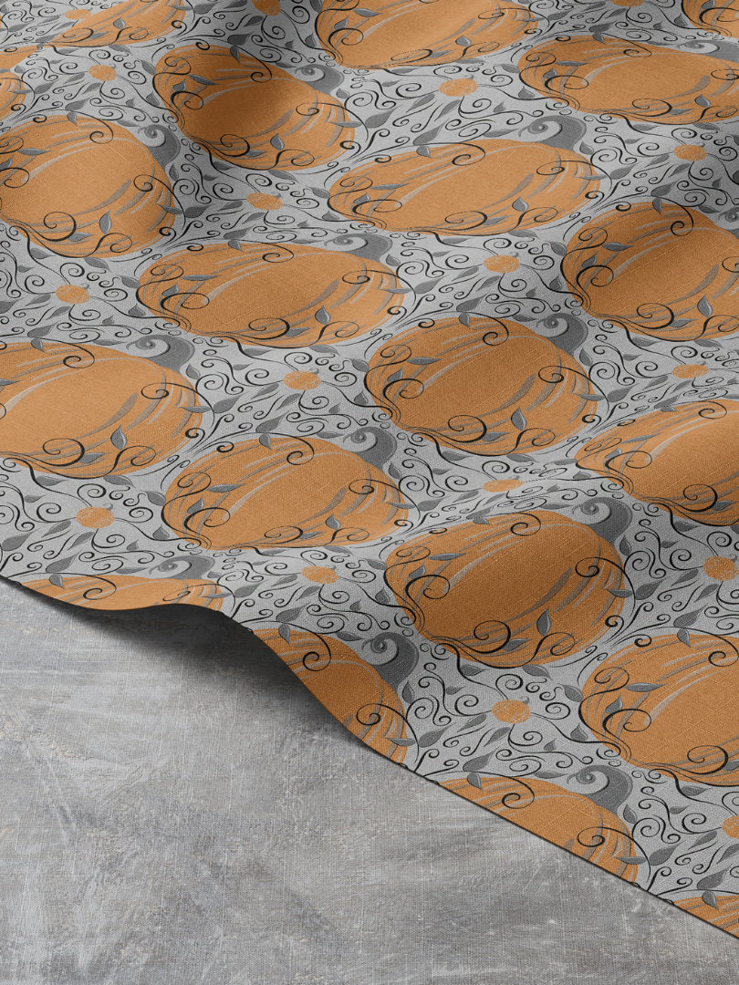 Elegant Orange Pumpkin Swirl Repeat Pattern on Gray, Small