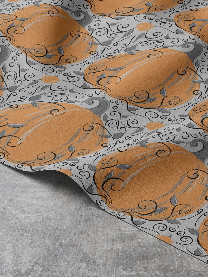 Elegant Orange Pumpkin Swirl Repeat Pattern on Gray, Medium