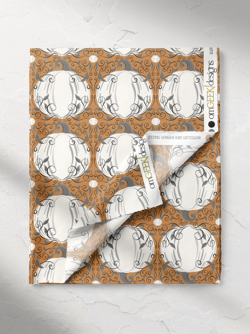 Elegant White Pumpkin Swirl Repeat Pattern on Orange, Medium