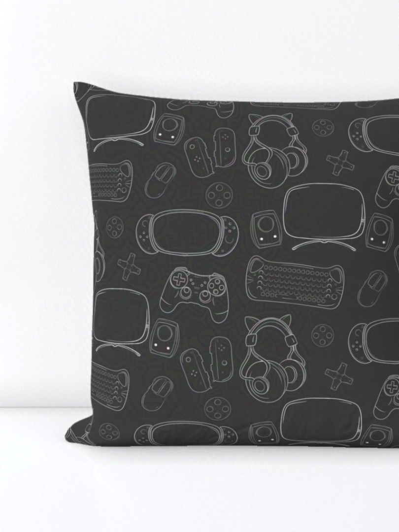 Geeky Gamer Essentials Line Art on Dark Grey Background Fabric