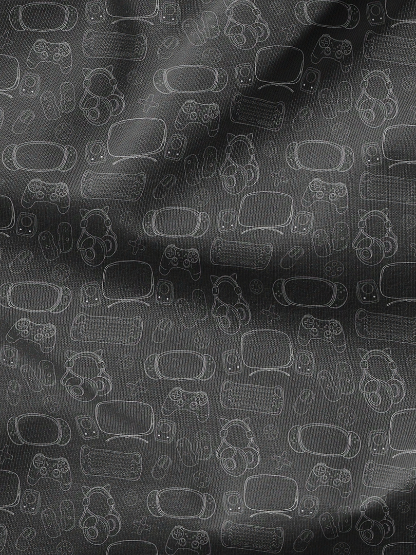 Geeky Gamer Essentials Line Art on Dark Grey Background Fabric