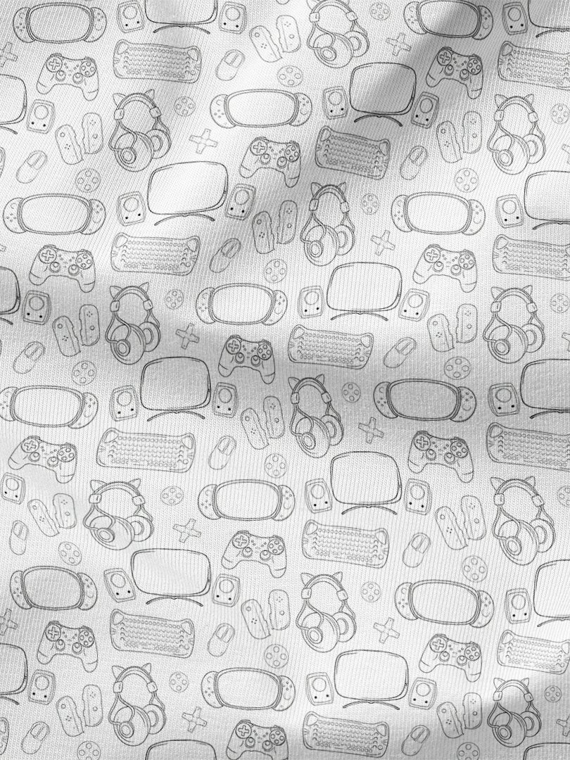 Geeky Gamer Essentials Line Art on White Background Fabric