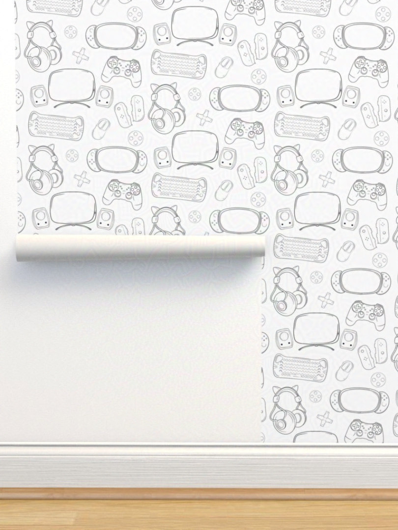 Geeky Gamer Essentials Line Art on White Background Fabric