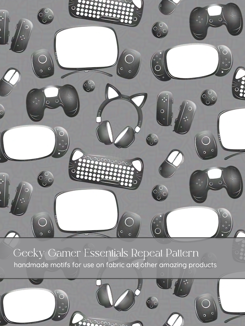 Geeky Gamer Essentials Fabric for Gamers and Streamers on a Grey Background