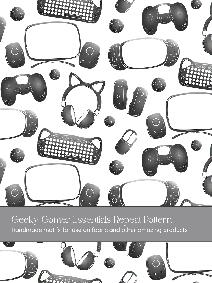 Geeky Gamer Essentials Fabric for Gamers and Streamers on a White Background