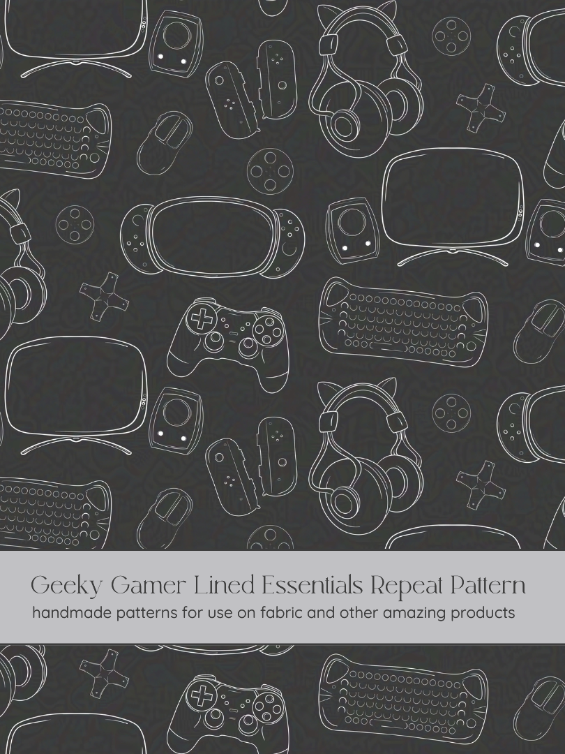 Geeky Gamer Essentials Line Art on Dark Grey Background Fabric