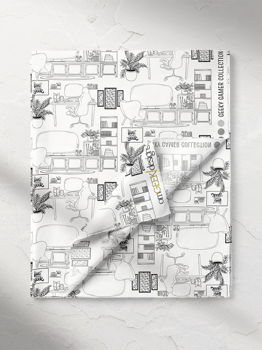 Modern Toile de Jouy-Inspired Geeky Gamer Gaming Space Fabric on a White Background