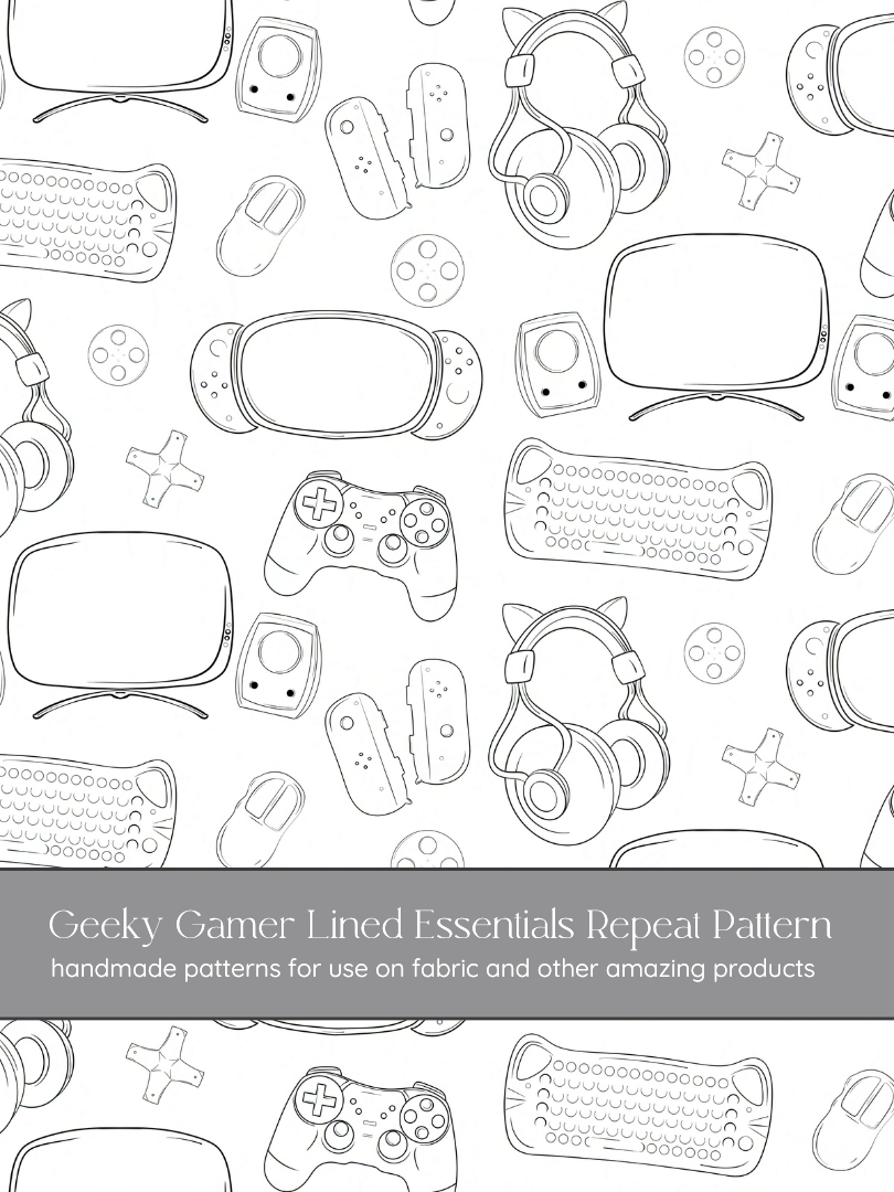 Geeky Gamer Essentials Line Art on White Background Fabric