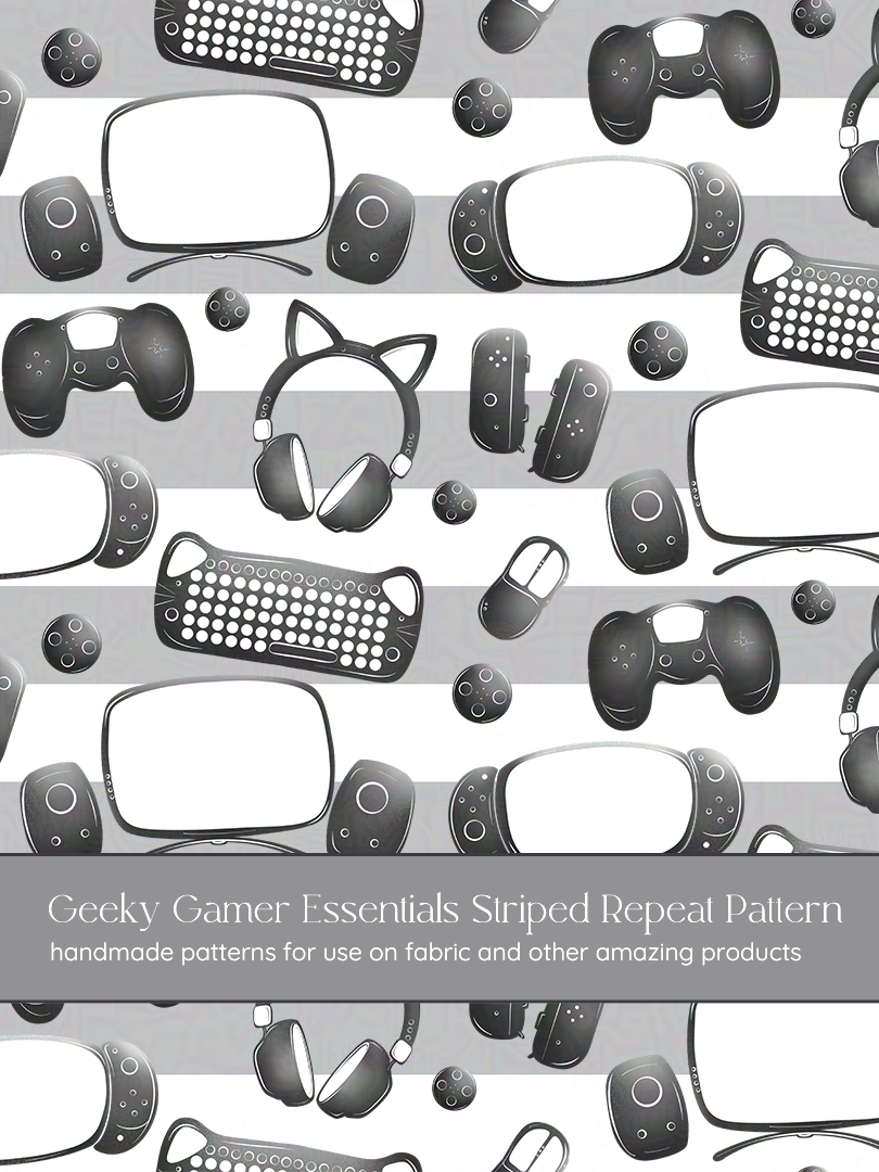 Geeky Gamer Essentials Fabric on a Grey and White Horizontal Striped Background