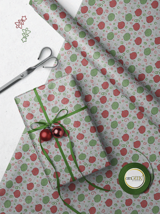 Swirly Red and Green Ornament Pattern Wrapping Paper, Inspired by Christmas Town, the Nightmare Before Christmas